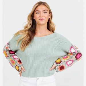 Altar'd State Mint Sweater with Crochet Sleeves